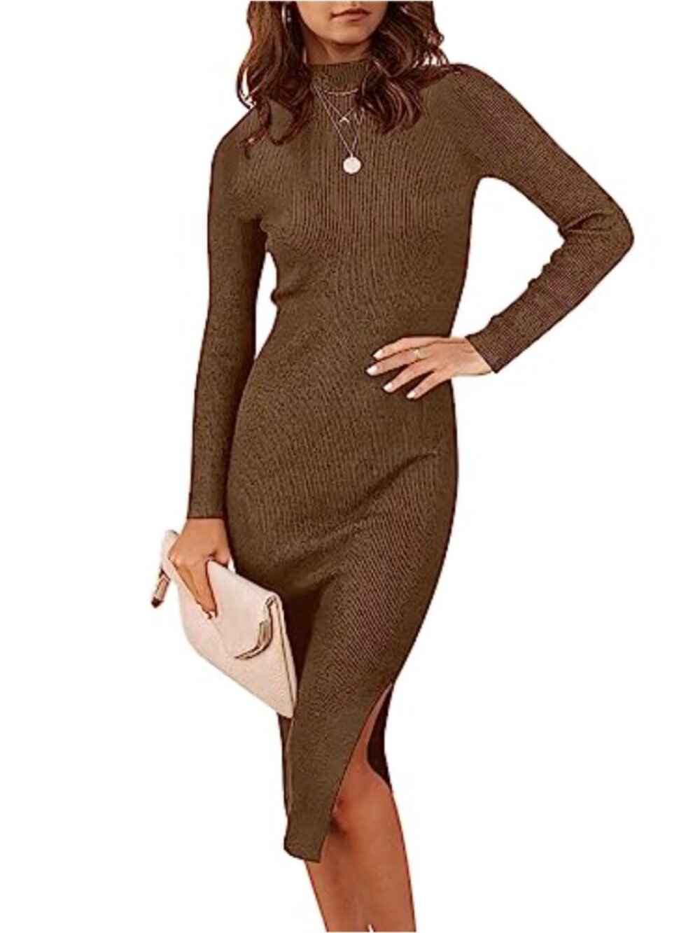 Long Sleeve Ribbed Turtleneck Sweater Dress Midi Bodycon Slit